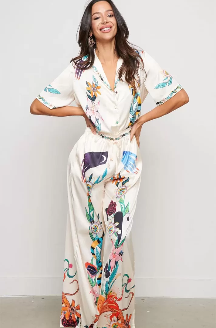 Set de 2 piezas (camisa y pantalon) estampado retro blanco