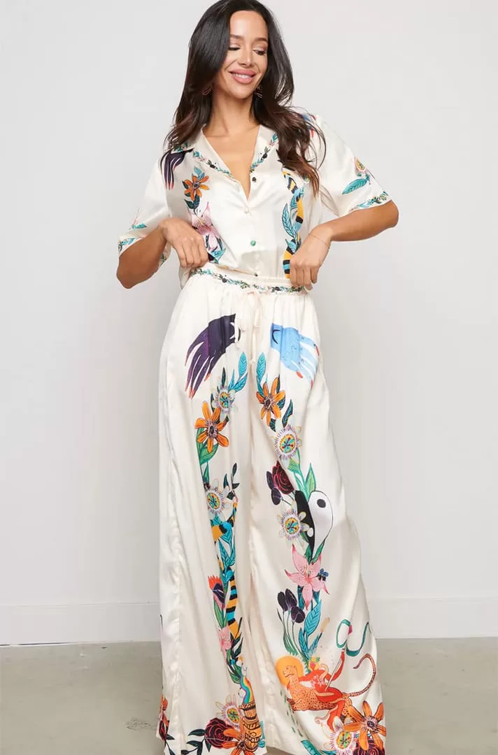 Set de 2 piezas (camisa y pantalon) estampado retro blanco