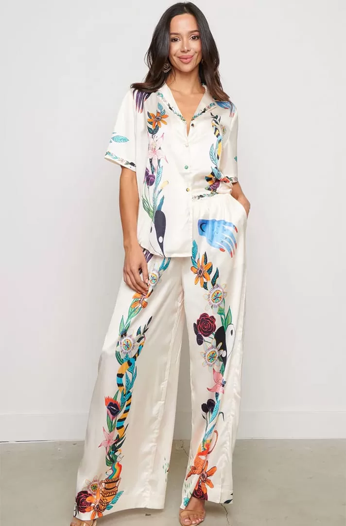 Set de 2 piezas (camisa y pantalon) estampado retro blanco