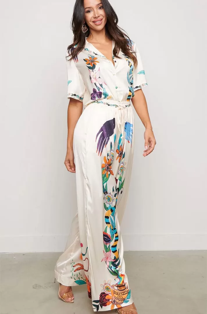 Set de 2 piezas (camisa y pantalon) estampado retro blanco