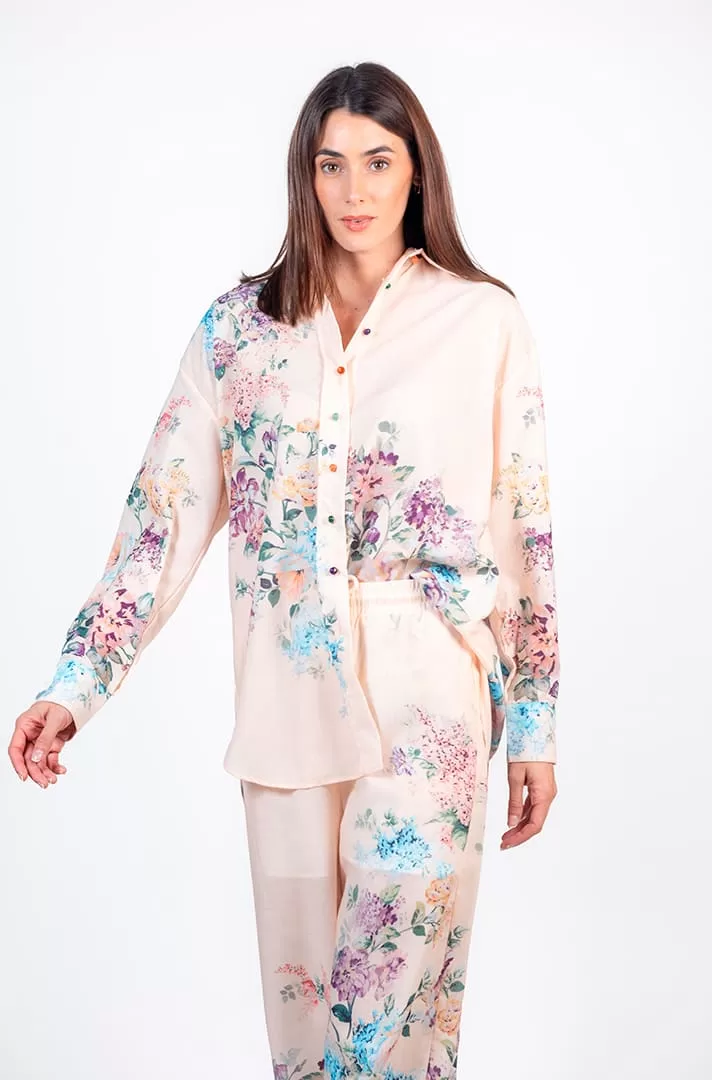 Set de 2 piezas (blusa y pantalón) con estampado floral en tono ivory