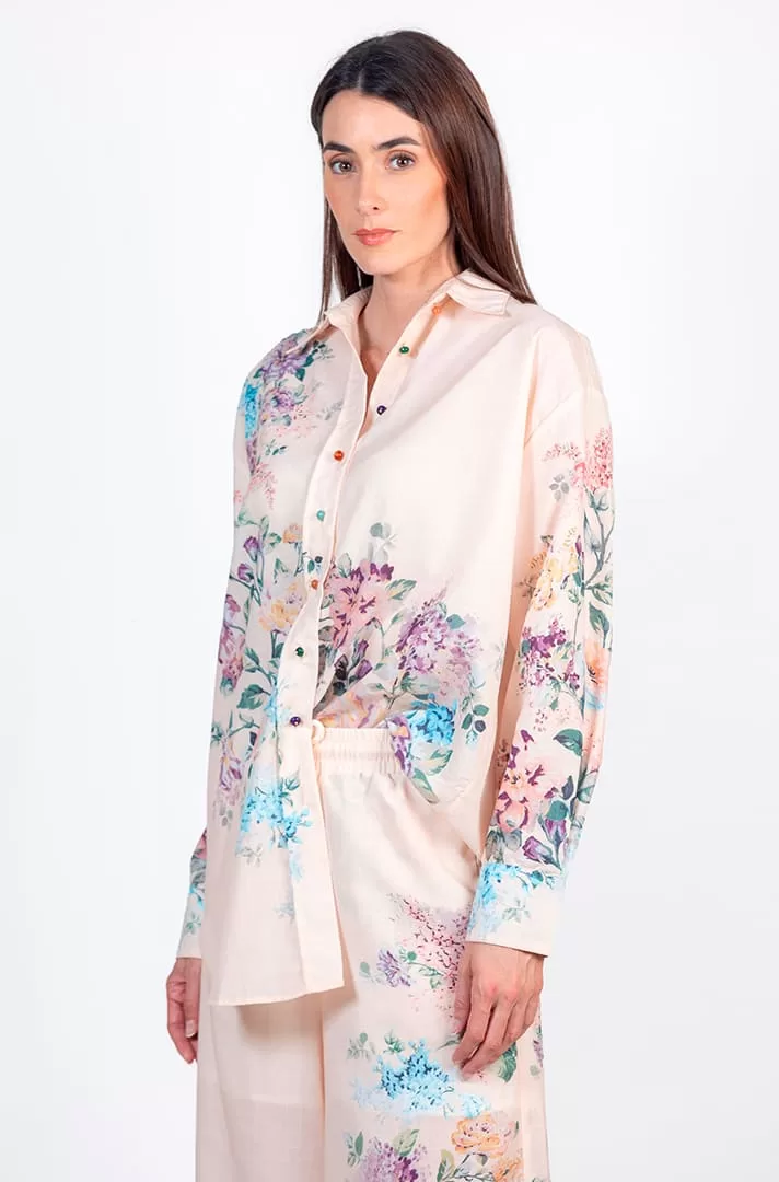 Set de 2 piezas (blusa y pantalón) con estampado floral en tono ivory