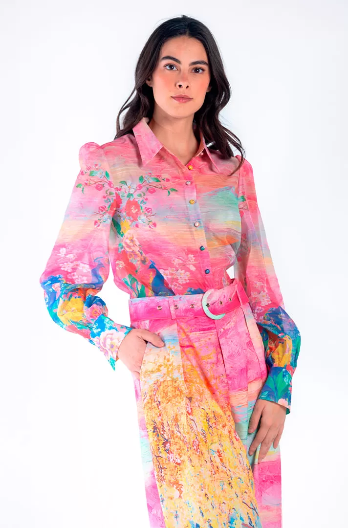 Set de 2 piezas (blusa y pantalon) con estampado floral y de pavo real