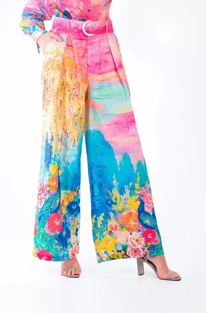 Set de 2 piezas (blusa y pantalon) con estampado floral y de pavo real