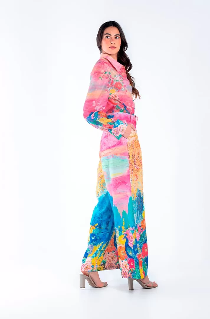 Set de 2 piezas (blusa y pantalon) con estampado floral y de pavo real