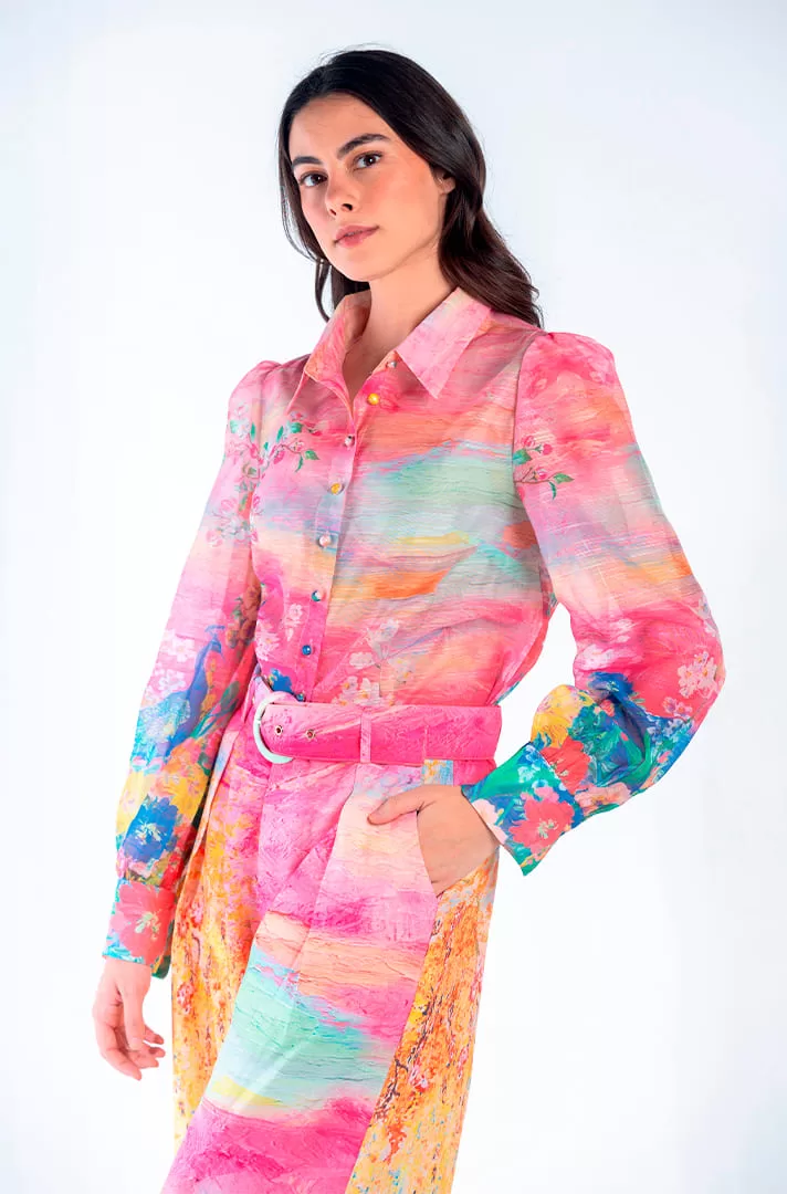 Set de 2 piezas (blusa y pantalon) con estampado floral y de pavo real