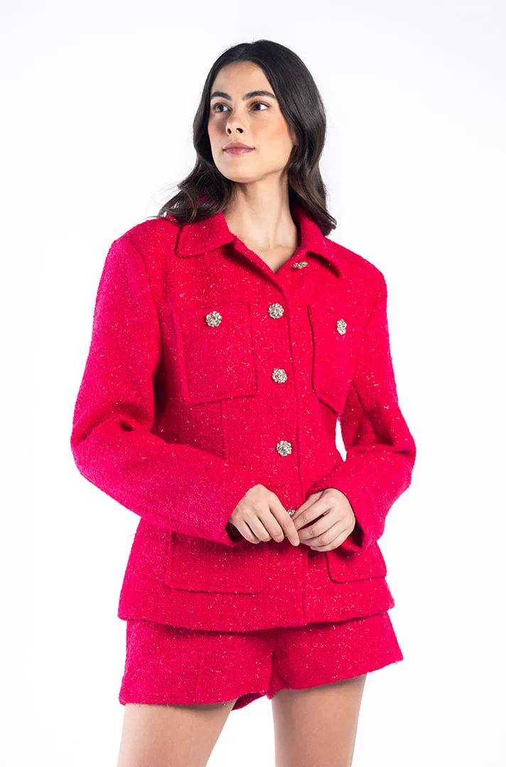 Set saco y shorts rosa con botones de diamante
