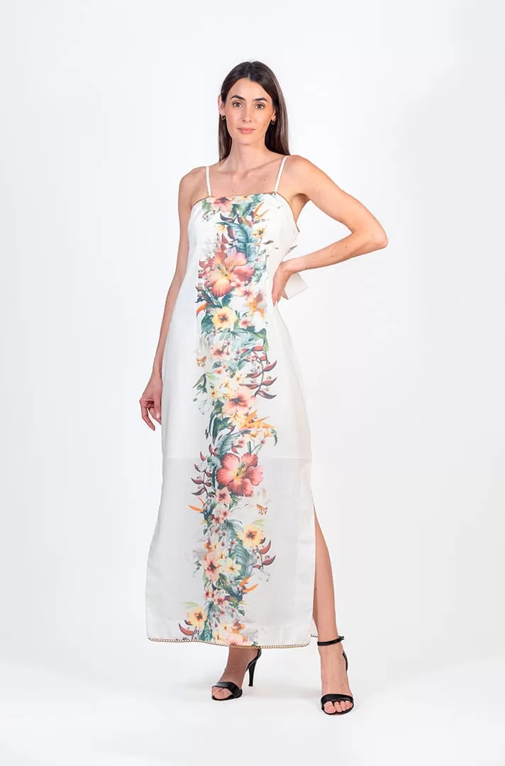 Vestido tipo lino con estampado de flores