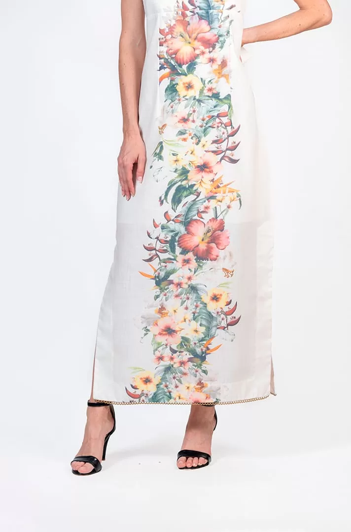 Vestido tipo lino con estampado de flores