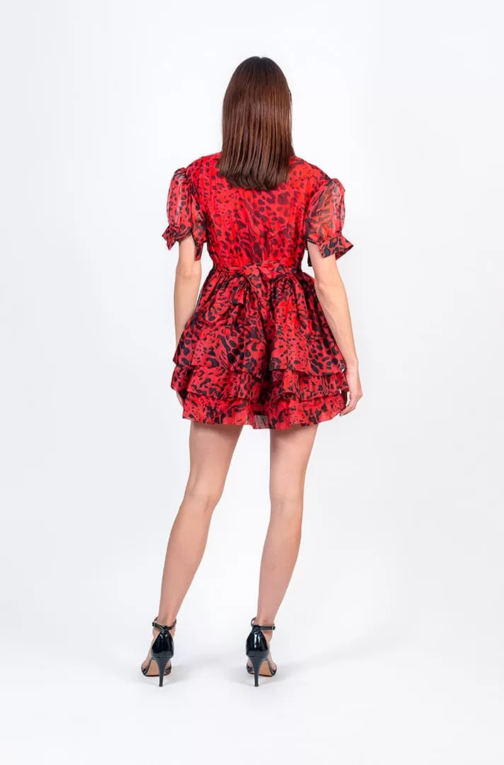 Vestido color rojo con estampado negro de leopardo