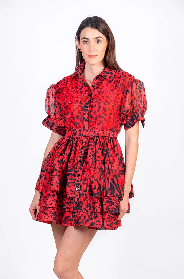Vestido color rojo con estampado negro de leopardo