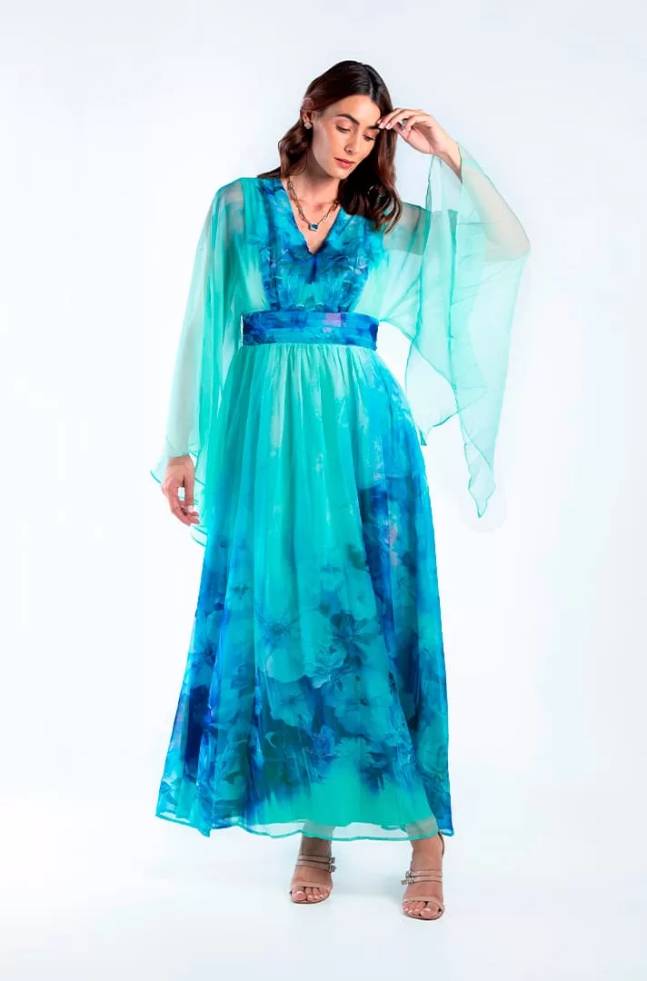 Vestido Maxi con Mangas amplias y abiertas y Estampado Floral