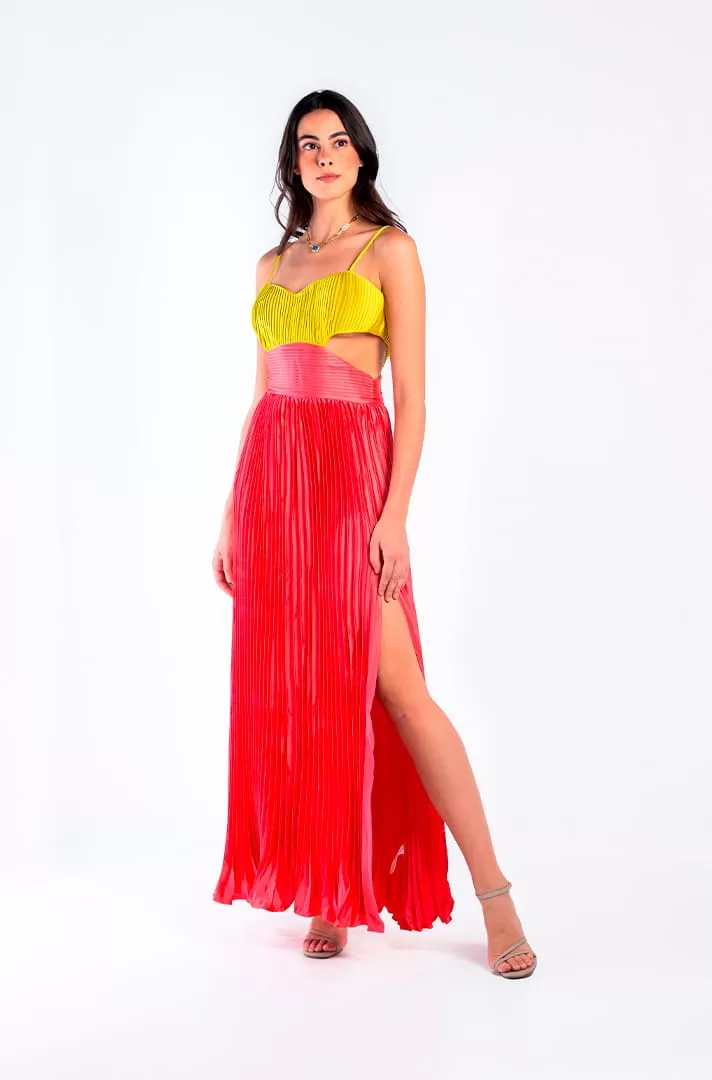 Vestido maxi plisado en tonalidades neon