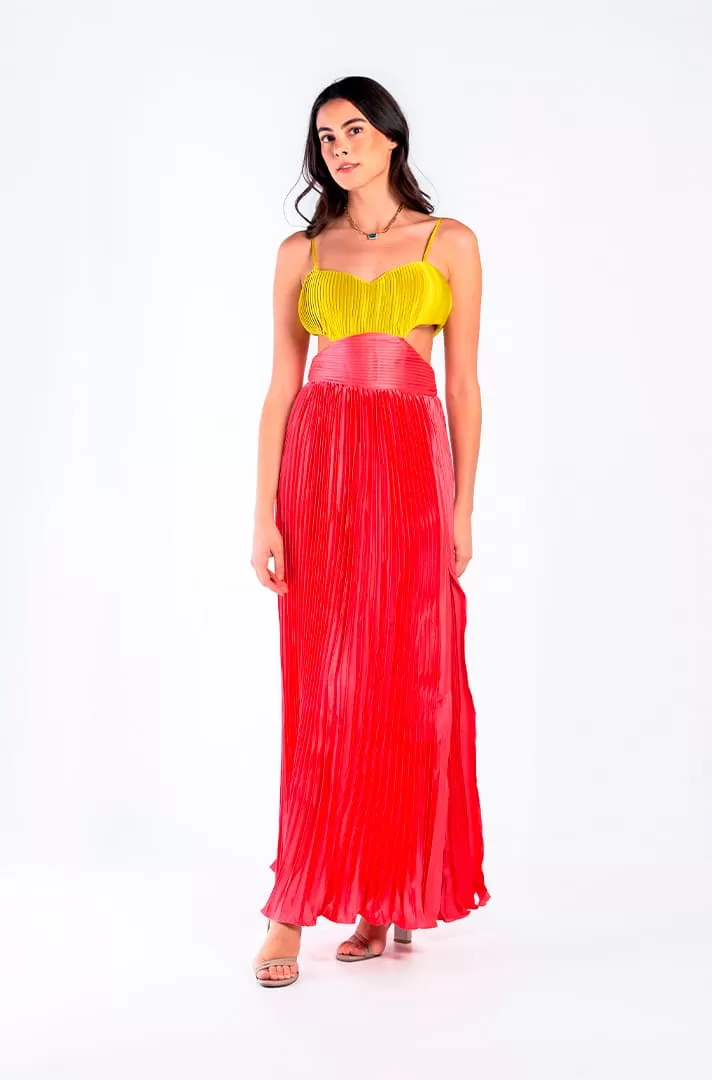 Vestido maxi plisado en tonalidades neon