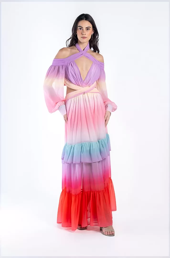Vestido multicolor en tonos pastel cruzado al frente