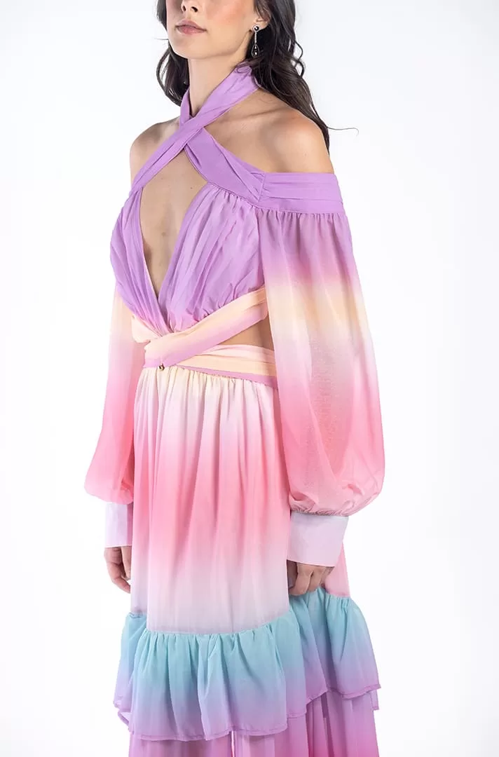 Vestido multicolor en tonos pastel cruzado al frente