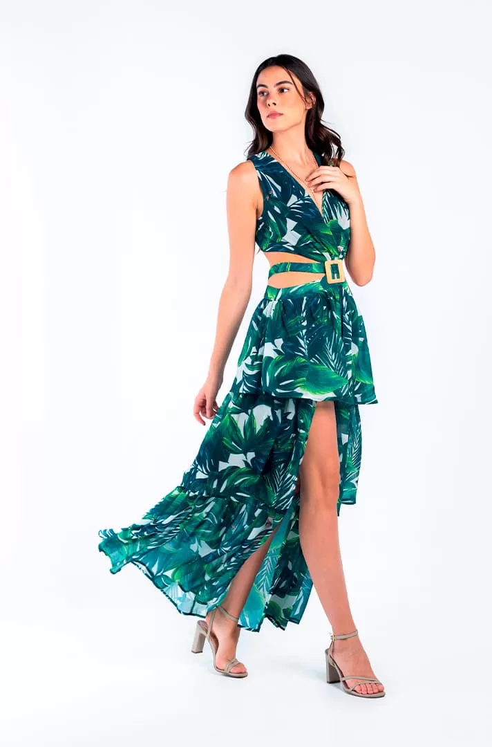 Vestido largo con estampado tropical en color verde