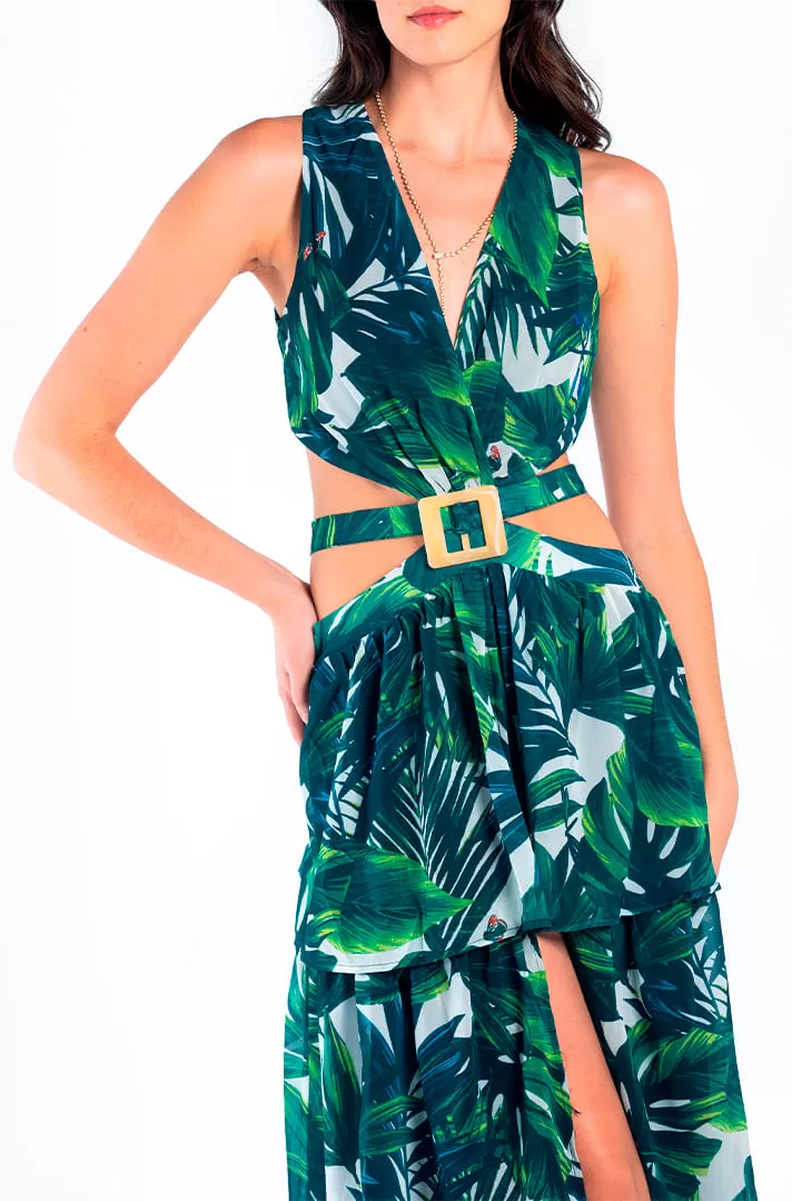 Vestido largo con estampado tropical en color verde