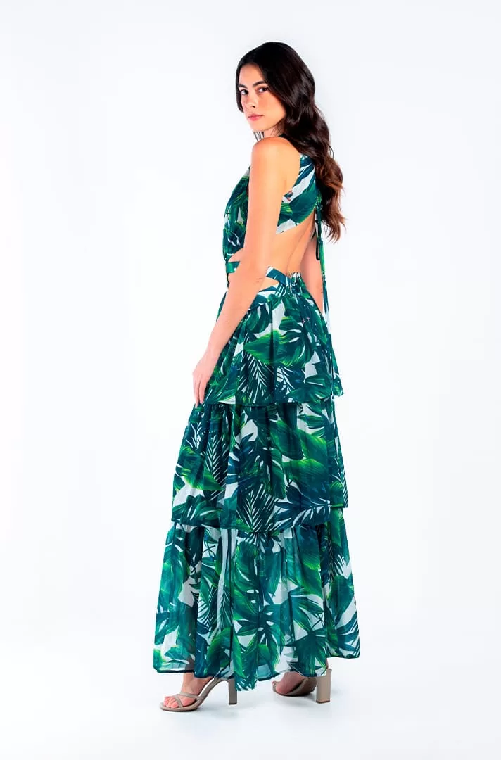 Vestido largo con estampado tropical en color verde